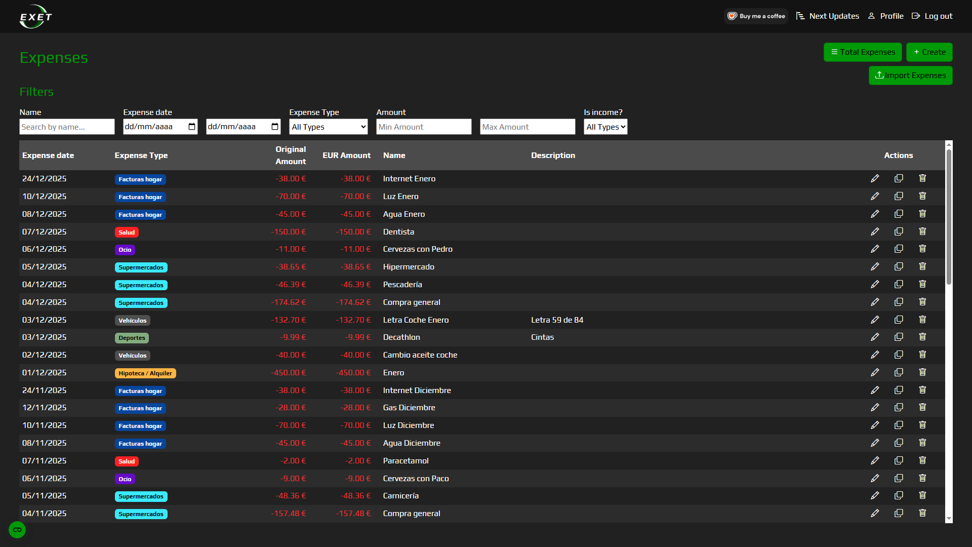 Exet app expenses preview
